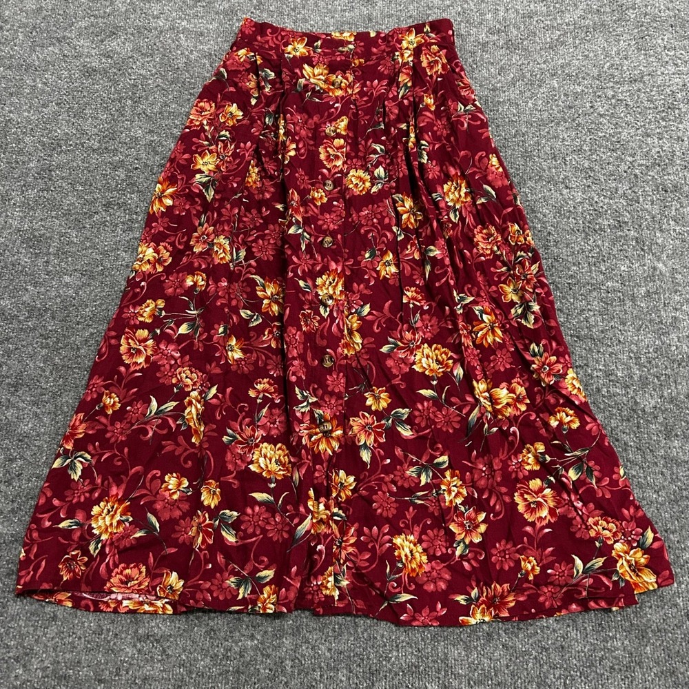 Jantzen Skirt Womens Size 10 Burgundy Floral Rayon Button Front Pleated Midi